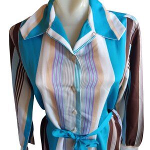Vintage Medium Belted Top 1970's Graff Polyester Blue & Brown Striped Brady Mom
